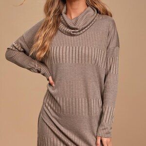 Lulus Morning Coffee Brown Ribbed Long Sleeve Cowl Neck Dress - Size S